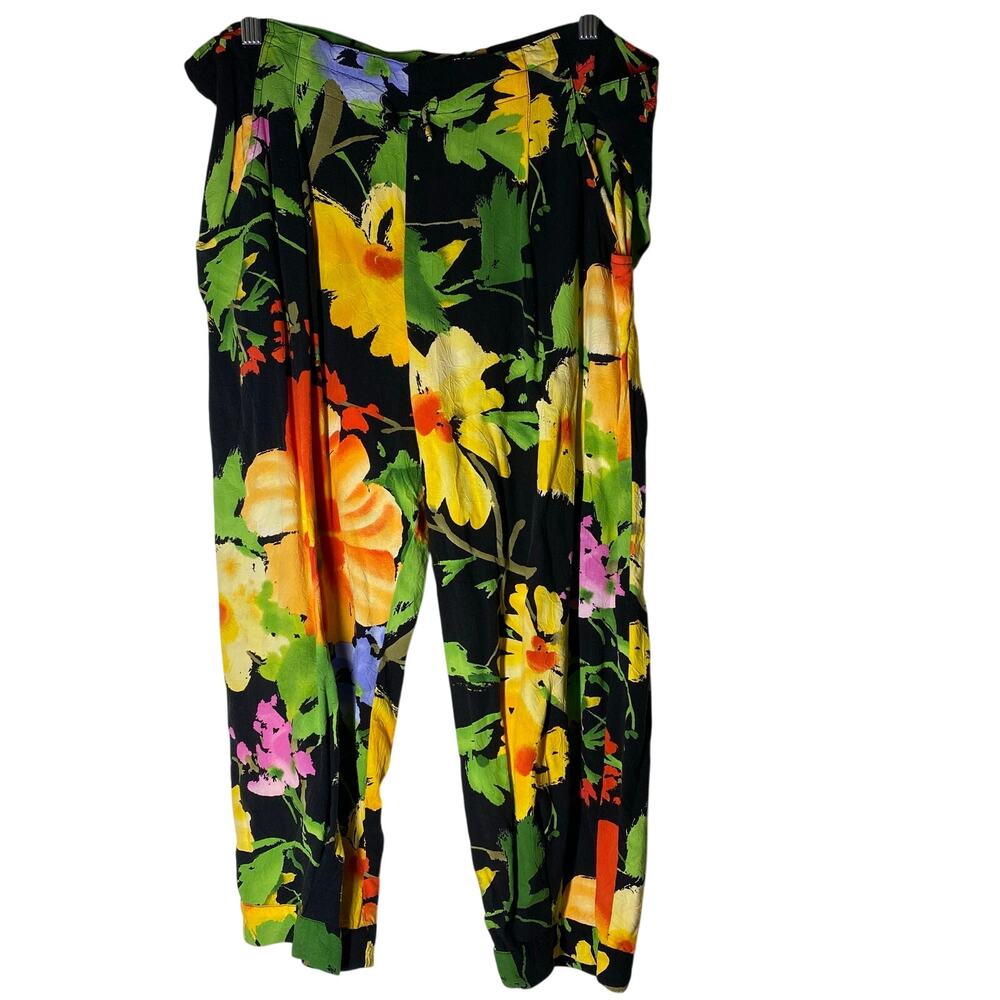 Jams World Women’s Tropical Floral Capri Pants Black Colorful Resort Size Small